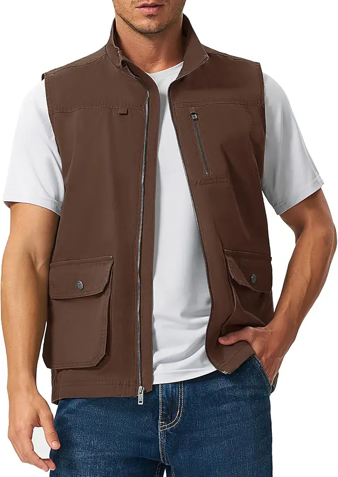 Rdruko Men's Safari Vest, Lightweight Casual Cotton Full Zip Vest with 4 Pockets for Work Utility Travel Hiking Fishing