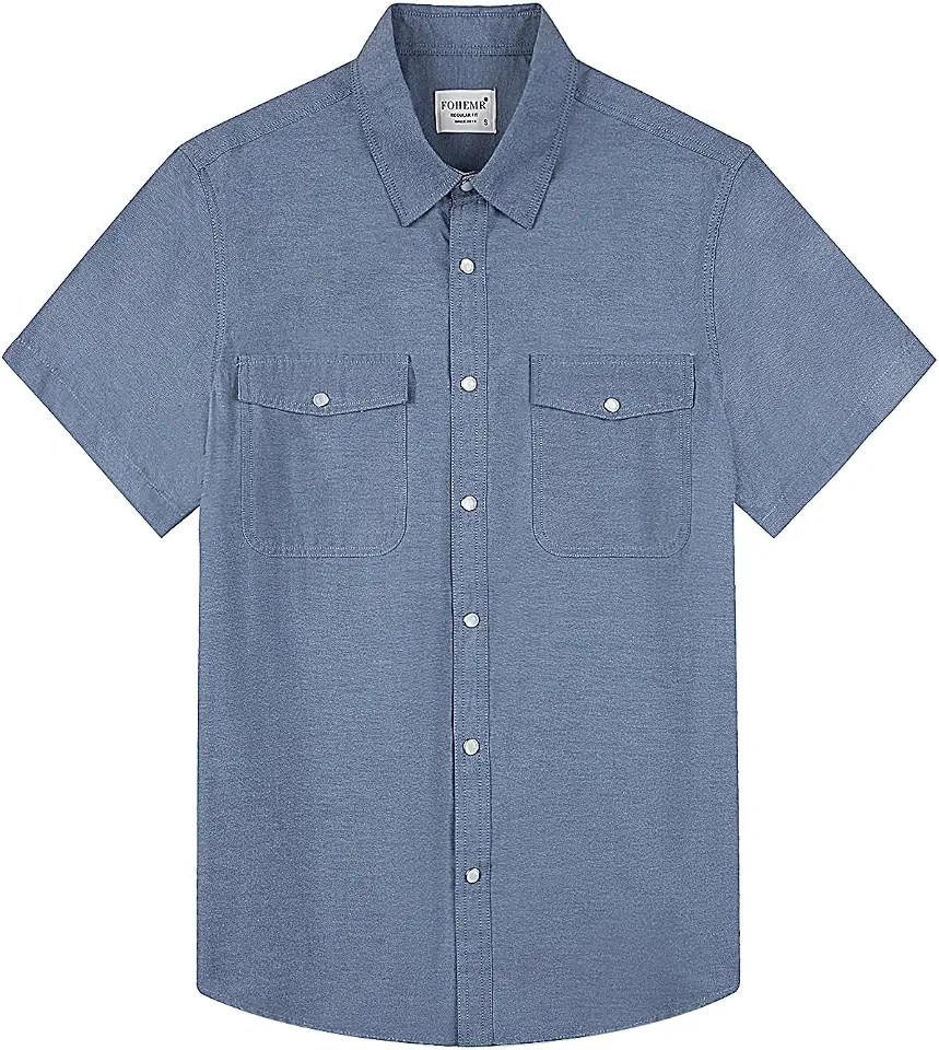 fohemr Mens Pearl Snap Western Shirt Short Sleeve Chambray Shirt Cotton
