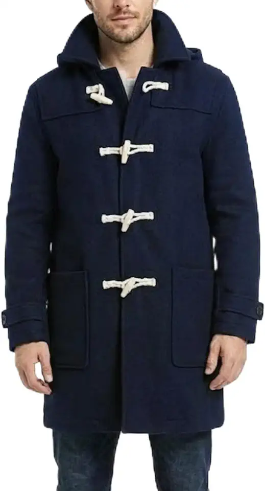 Men’s Wool Duffle Coat with Toggle Buttons Hooded Winter Long Coat OverCoat