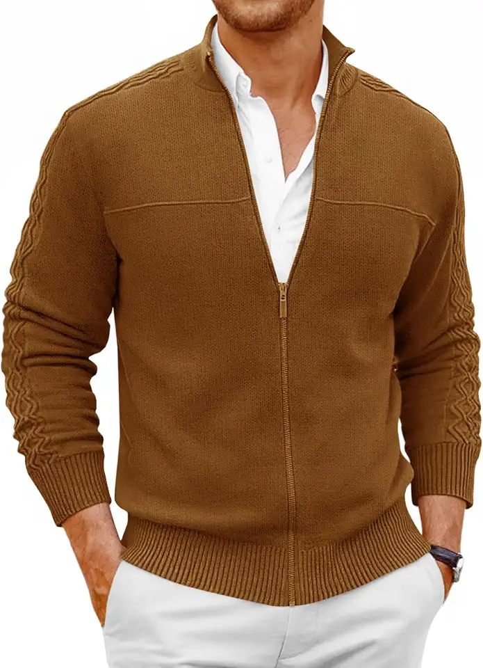 Men's Brown Ribbed Knit Zip Cardigan