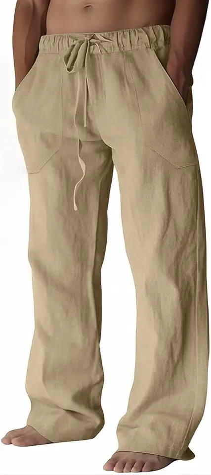 Men's Cream Relaxed Fit Linen Drawstring Pants