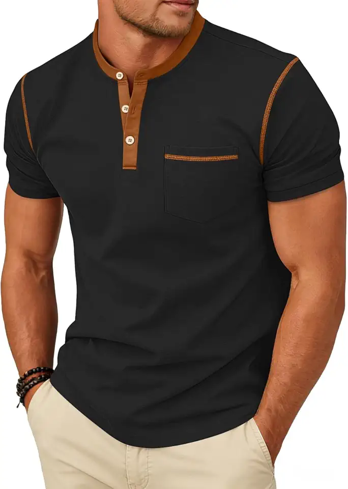 Men's Henley Shirt Casual Button Short Sleeve T-Shirt Summer Patchwork Color Block Tee Shirts
