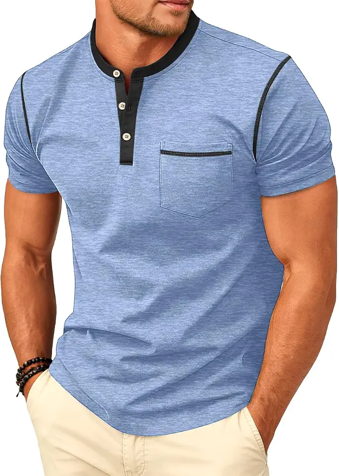 Men's Henley Shirt Casual Button Short Sleeve T-Shirt Summer Patchwork Color Block Tee Shirts
