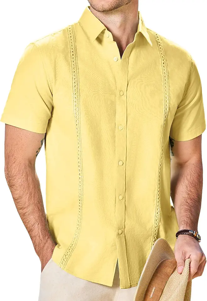 Men's Regular Fit Yellow Short Sleeve Button Down Linen Shirt