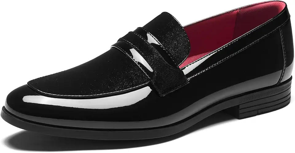 HEEZ Men's Tuxedo Shoes Patent Velvet Black Loafers Slip On Formal Shoes | Classic Round Toe, Non Slip Comfortable, Prom Wedding Church Party Dress Business