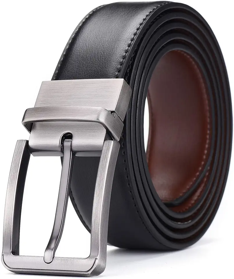 Men's Genuine Leather Reversible Belt Size 36-38 - Black and Brown Dress Belt for Men, Rotatable Buckle, Trim to Fit Custom Size, Casual & Formal Accessory by THS