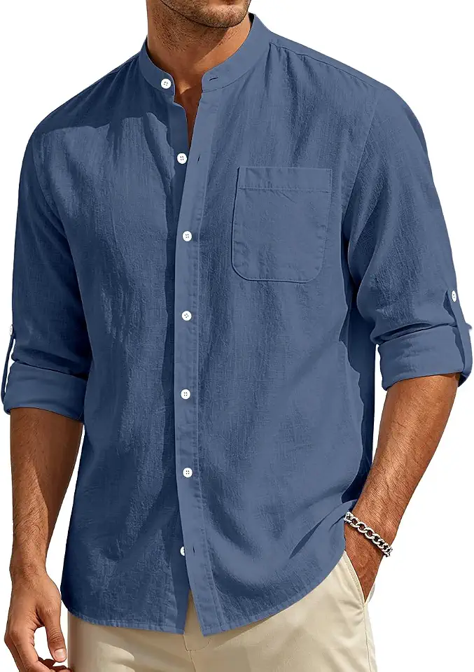 Men's Cotton Linen Shirt Long Sleeve Button Down Loose Fit Shirts Band Collar Beach Casual Top with Pocket