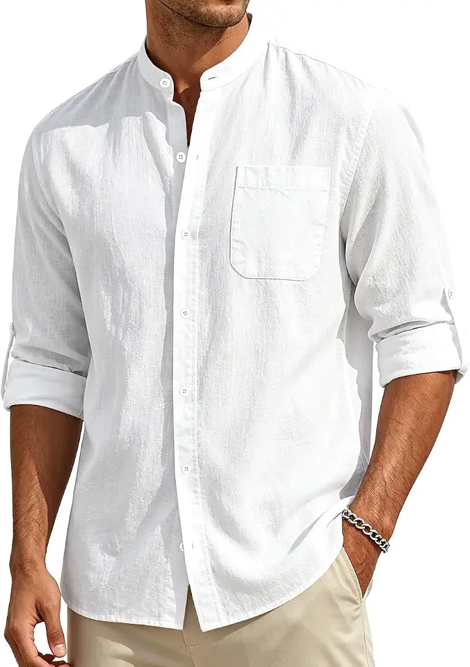 Men's White Camp Collar Long Sleeve Linen Shirt