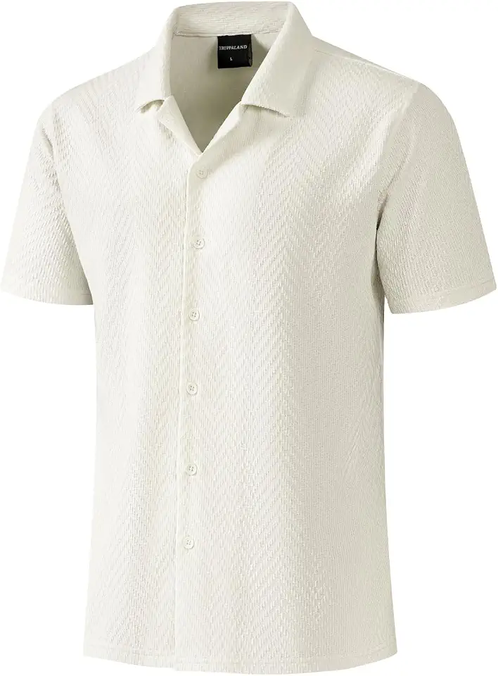 Mens Knit Shirts, Casual Short Sleeve Button Down Shirt Summer Beach Textured Shirt