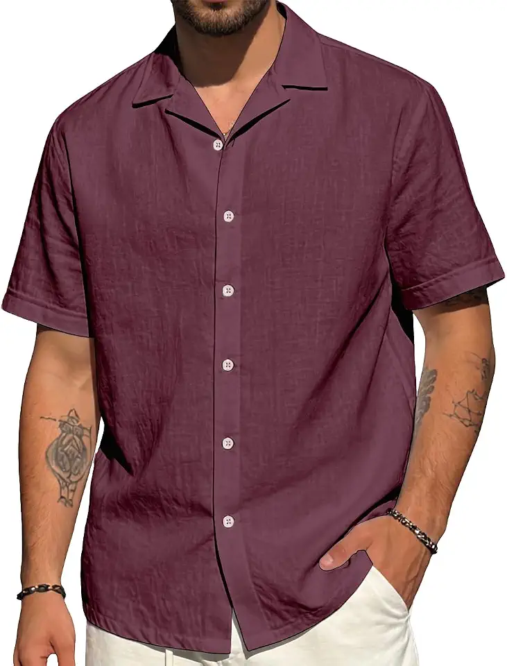 Mens Cotton Linen Shirt Casual Button Down Shirt Short Sleeve Relaxed Fit Fall Tops Vacation Clothing