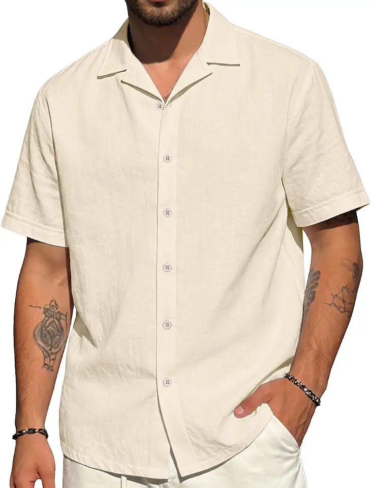Mens Cotton Linen Shirt Casual Button Down Shirt Short Sleeve Relaxed Fit Fall Tops Vacation Clothing