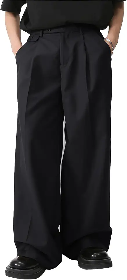 Men's Wide Leg Pleated Black Trousers