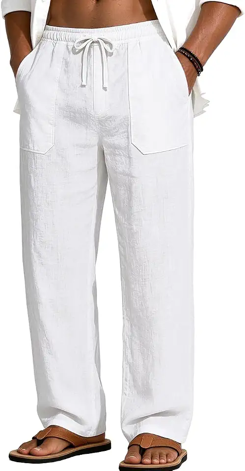 Men's Cotton Linen Casual Pants Elastic Waist Drawstring Loose Straight Leg Lightweight Summer Beach Yoga Lounge Trousers