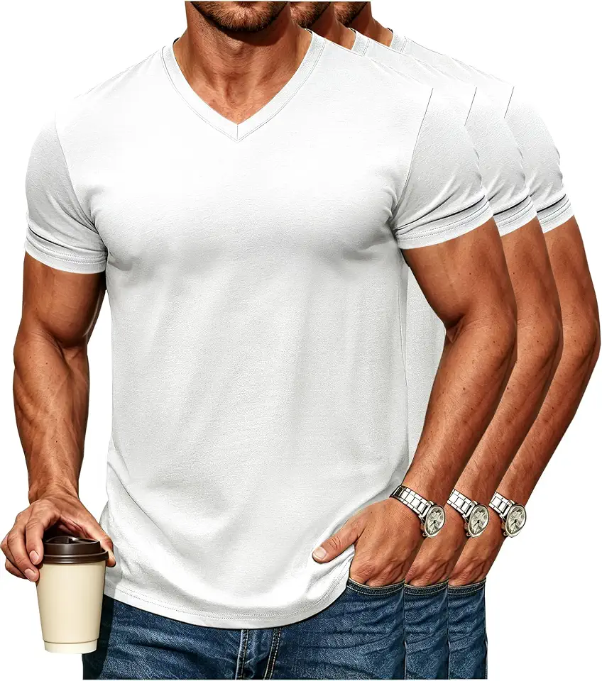 V Neck T Shirts Men Short Sleeve 3 Pack Basic Casual Tees | Soft Cotton, Breathable, Classic Fit, Curved Hem, Perfect for Daily Casual Office Outdoor Inner Layering