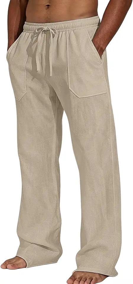 Men's Cotton Linen Casual Pants Elastic Waist Drawstring Loose Straight Leg Lightweight Summer Beach Yoga Lounge Trousers