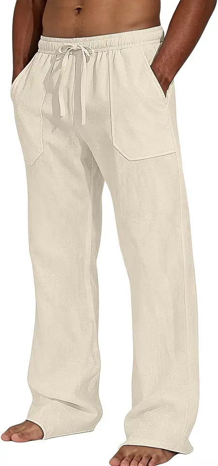 Men's Cotton Linen Casual Pants Elastic Waist Drawstring Loose Straight Leg Lightweight Summer Beach Yoga Lounge Trousers