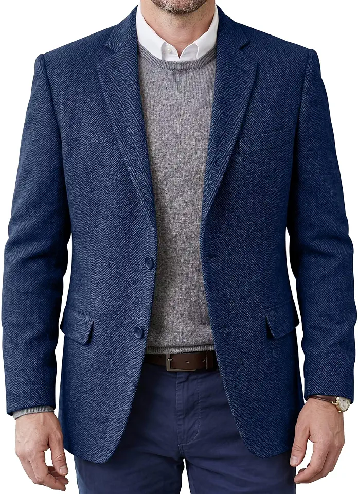 Men's Tweed Blazer Jacket 2 Button Herringbone Casual Prom Jackets
