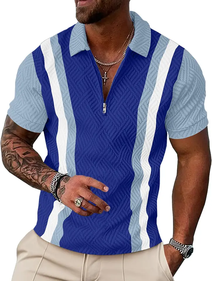 UOUA Men's 1/4 Zip Polo Shirts Summer Short Sleeve Sweatshirts Vintage Striped Texture Tops Casual Golf Tee