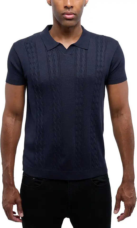 Men's Cable Knit Short Sleeve T-Shirt, Slim Fit Knit Casual Johnny Collar Polo Pulover Shirt