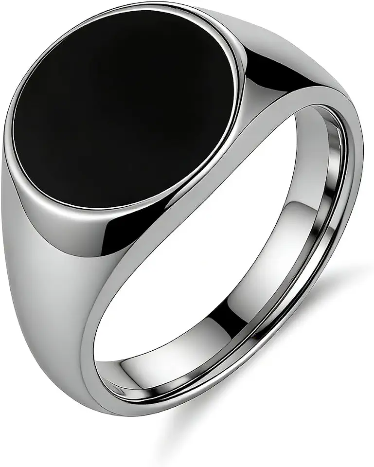 HZMAN Minimalist Vintage Signet Ring, Polished Silver Tone Stainless Steel with Black Enamel Oval Face, Classic Gentleman Ring for Office & Street Style Size 6-13