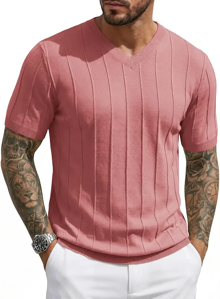 JMIERR Men's V Neck Knit T Shirt Short Sleeve Casual Sweater Shirt