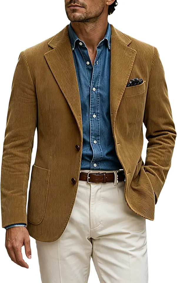Mens Corduroy Blazer Two Button Casual Sports Coat Slim Fit Suit Jackets