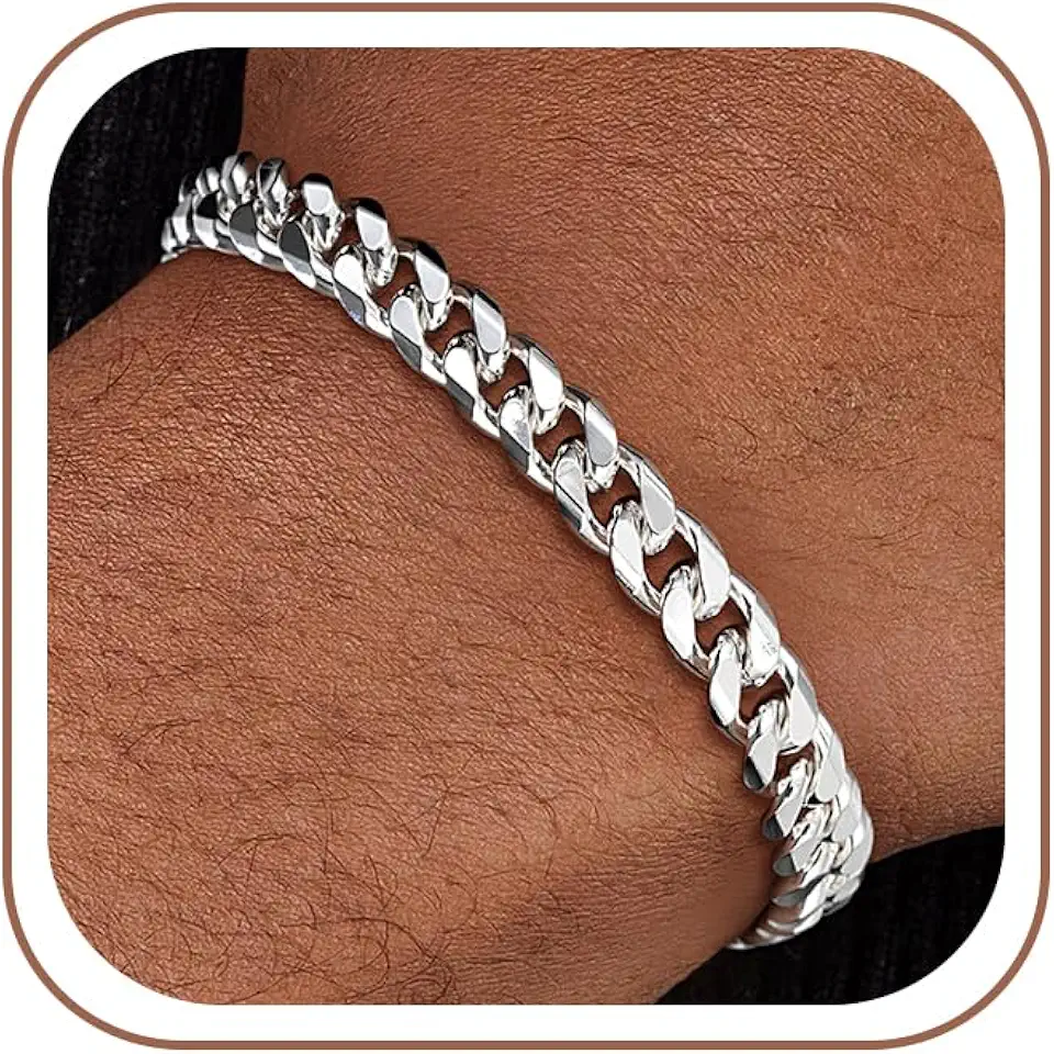 HIMSTORY Silver Cuban Link Bracelet for Men, 7mm/9mm/11mm 925 Sterling Silver Over Cuban Chain Bracelet Diamond Cut Silver Bracelets Gifts for Boyfriend Husband