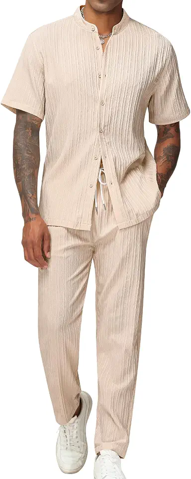 Men's 2 Piece Vertical Striped Textured Outfits Stand Collar Button Down Shirts With Long Pants Summer Beach Sets