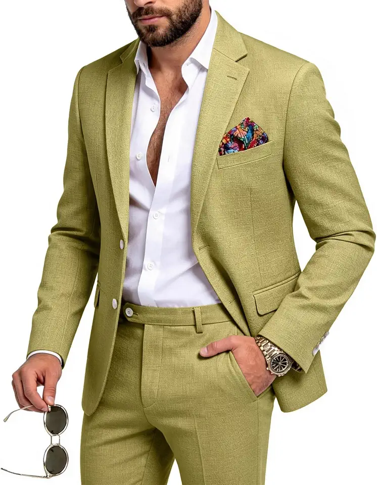 MOGU Men's Linen Suit 2 Piece Slim Fit Suits Summer Beach Wedding