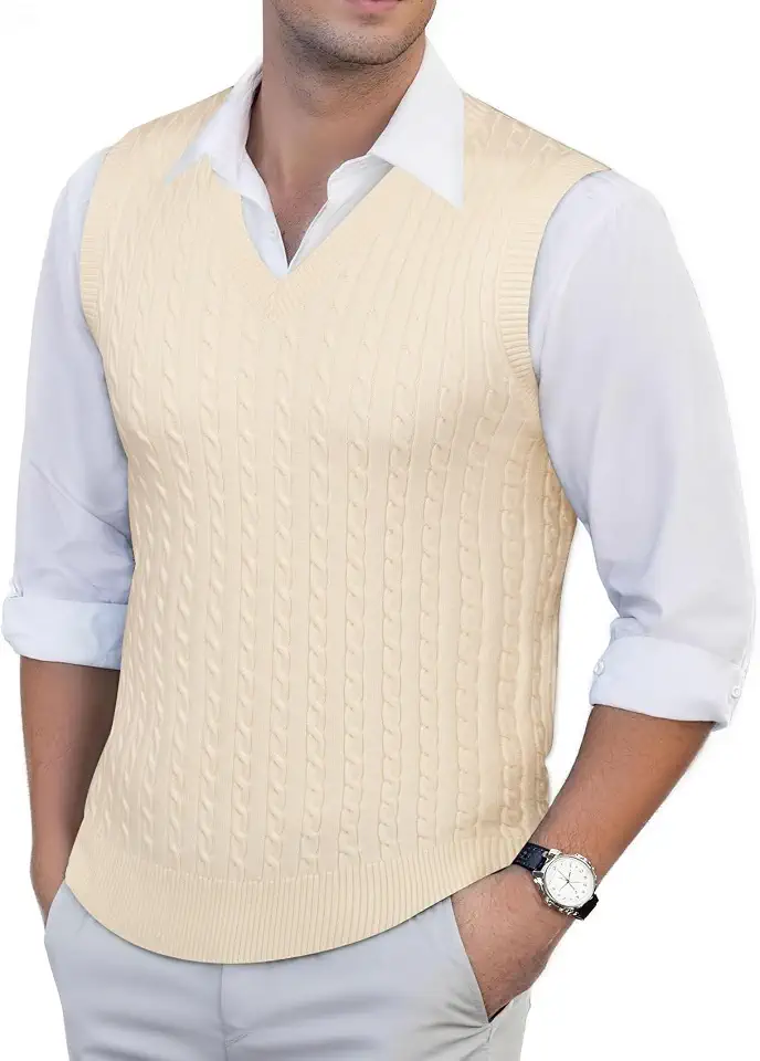 Barry Wang Mens Sweater Vest Wool Blend Cable Knit V‑Neck Sleeveless Casual