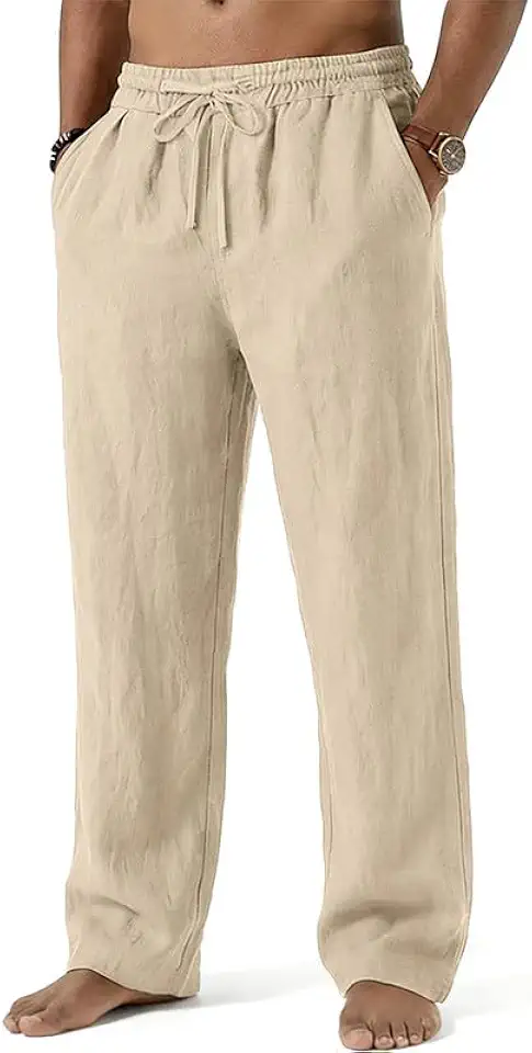 Mens Cotton Linen Pants Summer Beach Pant Loose Fit with Drawstring