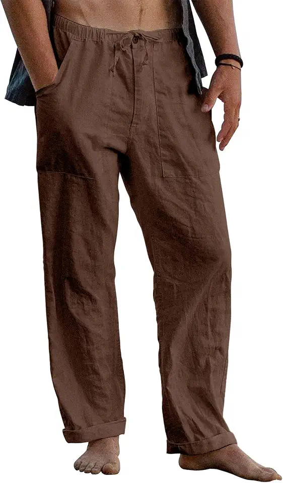 Puimentiua Mens Cotton Linen Pants Casual Loose Fit Summer Beach Pants
