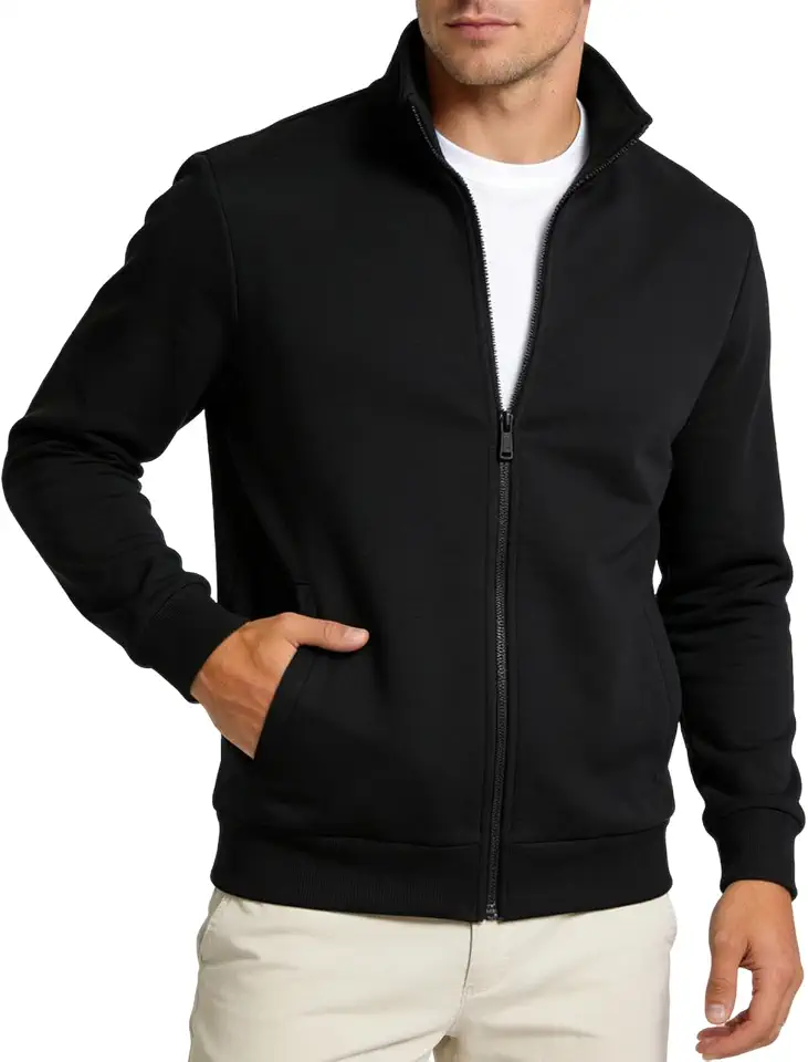 Mens Zip Up Sweatshirt Mock Neck Track Jacket Lightweight Fleece Full Zip No Hood Athletic Casual Long Sleeve Pocket