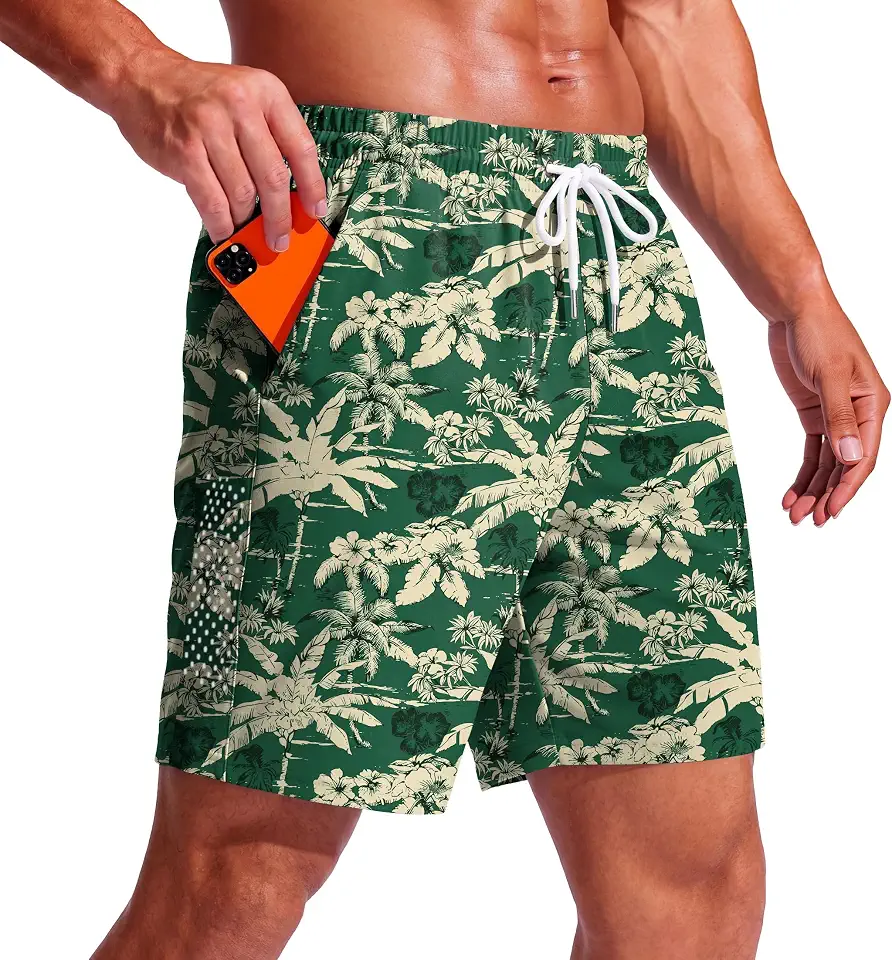 Men's Sage Green Printed Swim Trunks
