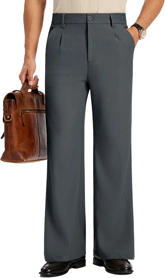 Mens Bootcut Casual Dress Pants Flared Wide Leg Old Money Pleated Elastic Waist Slacks Vintage Work Office Trousers