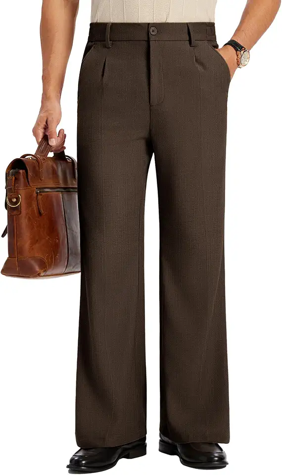 Susclude Mens Bootcut Casual Dress Pants Flared Wide Leg Old Money Pleated Elastic Waist Slacks Vintage Work Office Trousers