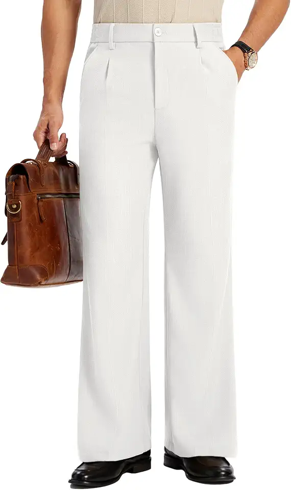 Mens Bootcut Casual Dress Pants Flared Wide Leg Old Money Pleated Elastic Waist Slacks Vintage Work Office Trousers