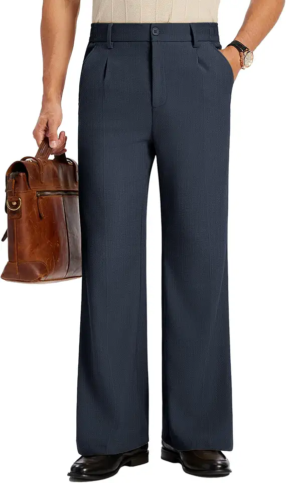 Susclude Mens Bootcut Casual Dress Pants Flared Wide Leg Old Money Pleated Elastic Waist Slacks Vintage Work Office Trousers