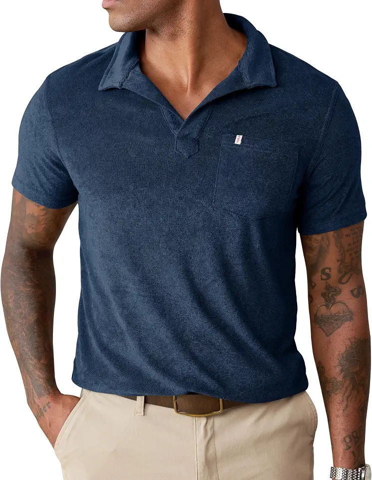 Herberton Mens Terry Polo Casual Johnny Collar Shirts with Pocket