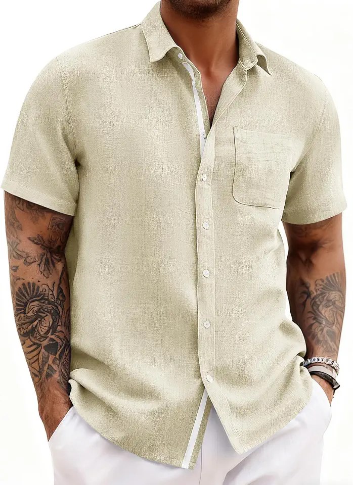 Runcati Mens Linen Shirt Short Sleeve Button Down Shirts