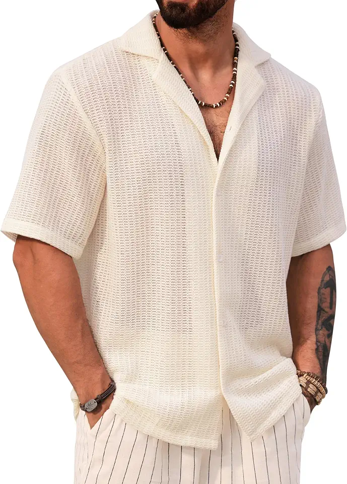 Herberton Mens Crochet Knit Shirts Summer Cuban Button Tops