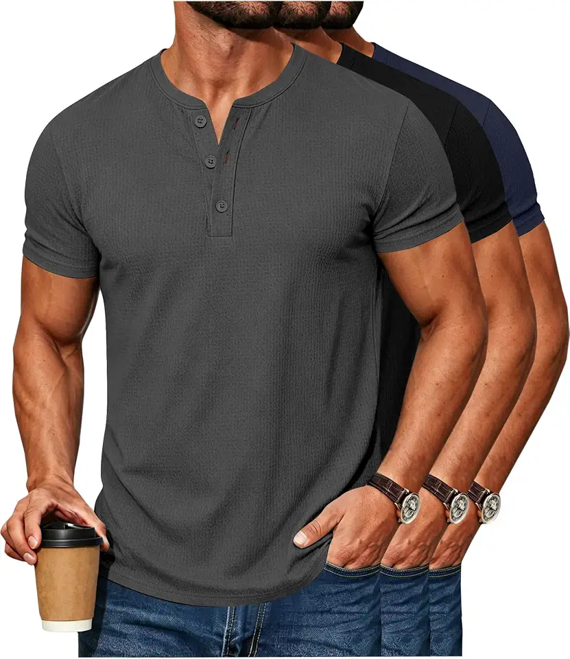 Waffle Henley Shirts for Men Short Sleeve Button Tops Casual Basic T Shirts Lightweight Summer Tees Knit 3 Pack