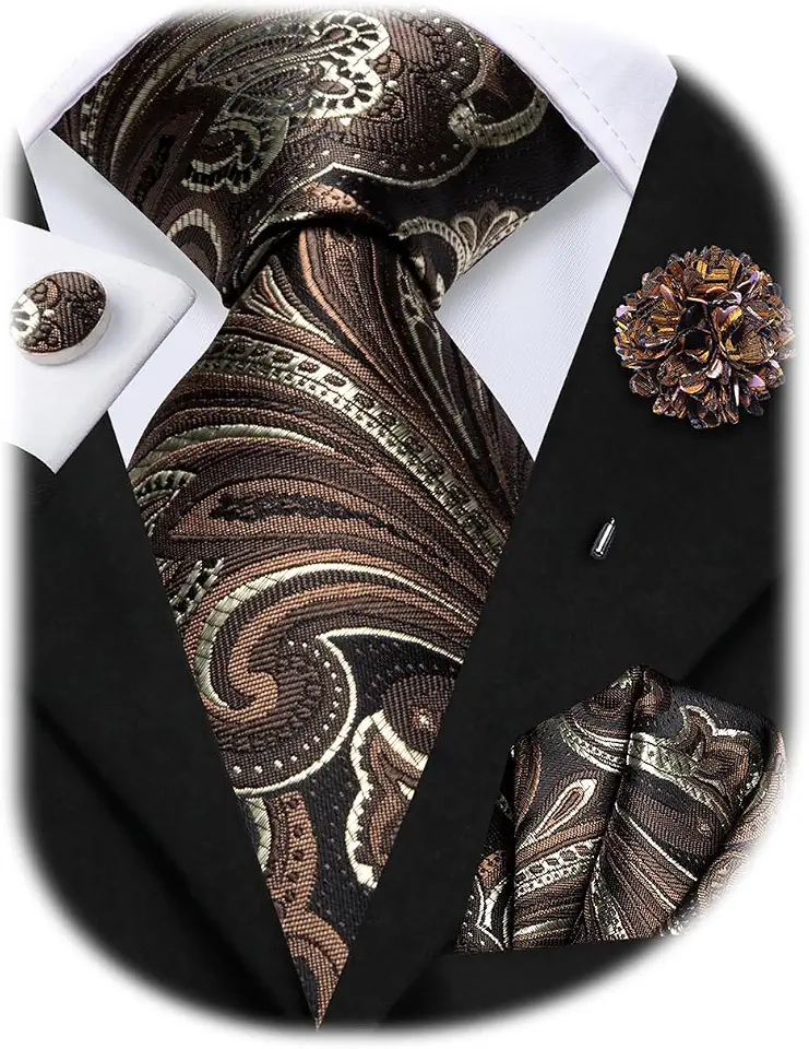 Hi-Tie Men Silk Ties Set with Flower Lapel Pin Necktie Pocket Square Cufflinks for Tuxedo Wedding Business