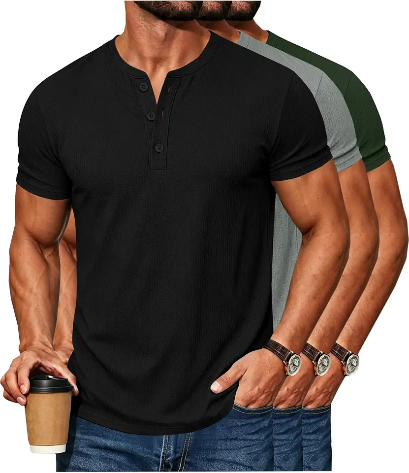 Waffle Henley Shirts for Men Short Sleeve Button Tops Casual Basic T Shirts Lightweight Summer Tees Knit 3 Pack