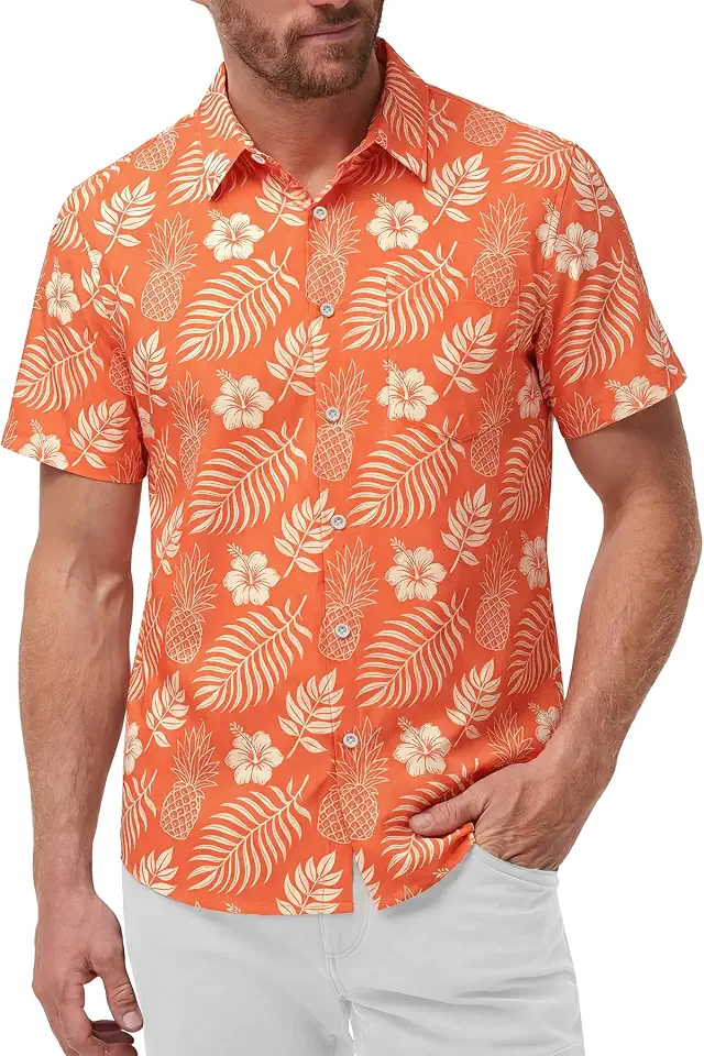 KYKU Mens Hawaiian Shirts Short Sleeve Button Down Summer Vacation Beach Shirts, Pleated Back, with Pocket