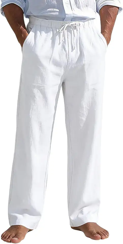 SIR7 Mens Linen Pants Casual Summer Beach Pants Loose Fit with Elastic Waist Drawstring