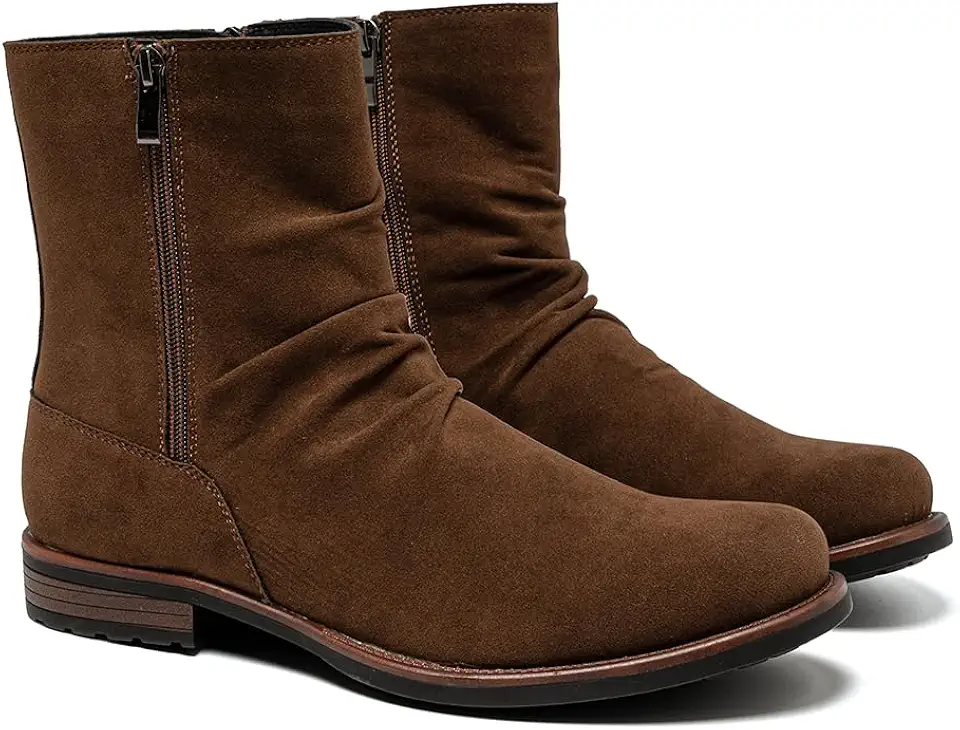 Men’s Suede-Look Slouch Zip Boot, Ruched Mid-Calf Ankle Height, Rounded Toe, Low Stacked Heel, Traction Outsole for Commute, Travel, City Nights