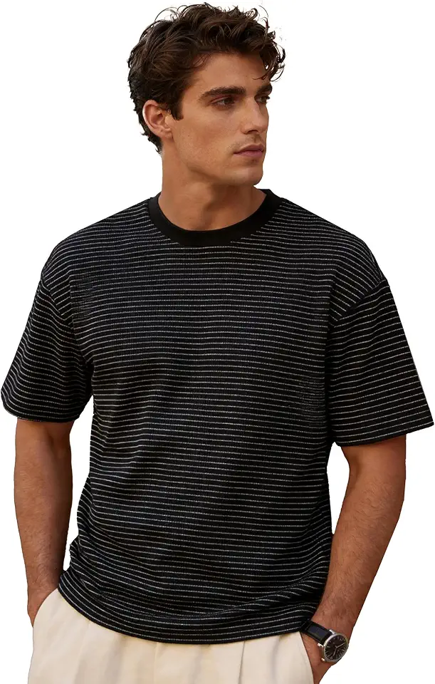 Men's Short Sleeve Oversized Striped T-Shirt, Loose Fit Streetwear Tee Casual Crewneck Tops