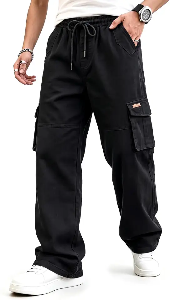 Global Recycled Standard Heyfanee Mens Baggy Cargo Jeans Elastic Waist with Drawstring Denim Pants