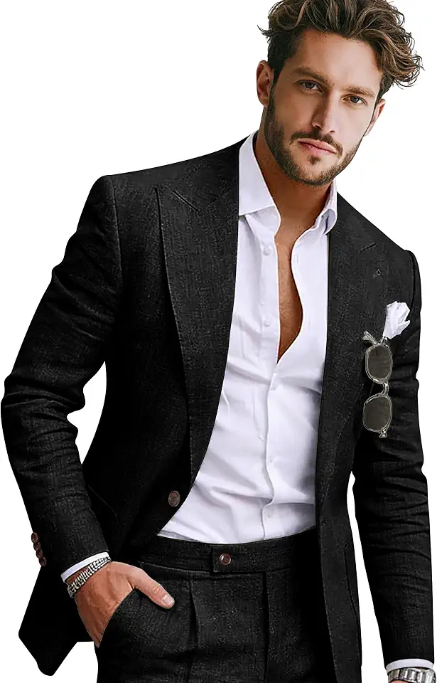 Global Recycled Standard Men Linen Suit 2 Pieces 1 Button Suit Blazer Pants Set Tuxedo Men